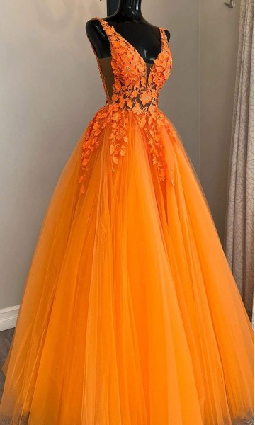 Orange Tulle Sheer Princess Prom Gowns